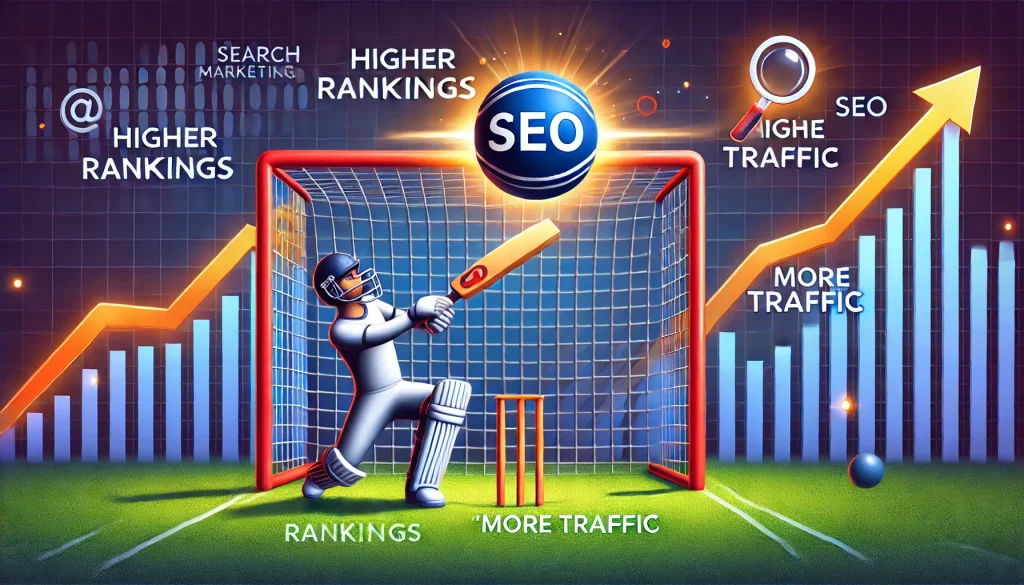 A batsman hitting a ball labeled "SEO" towards a goalpost of "Higher Rankings" and "More Traffic.