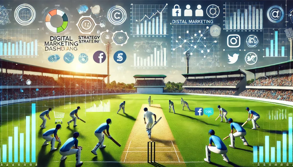 A cricket field merging into a digital marketing dashboard, symbolizing strategy and data-driven decision-making.