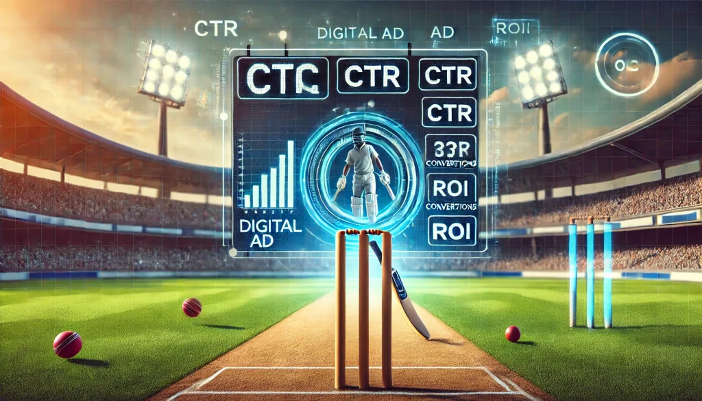 A cricket scoreboard displaying digital ad metrics like "CTR," "Conversions," and "ROI.