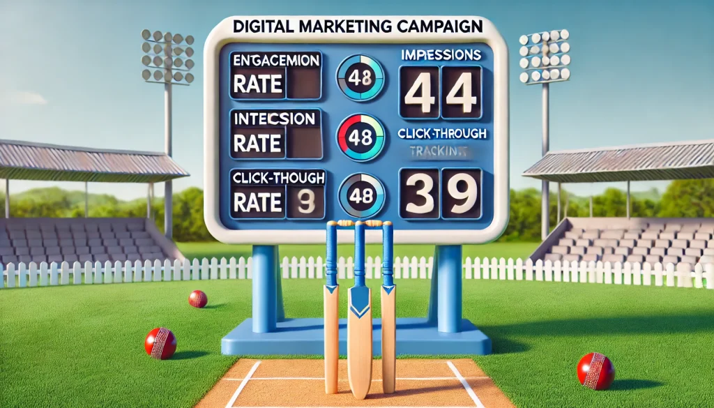 A cricket scoreboard showing digital campaign metrics instead of runs and wickets.