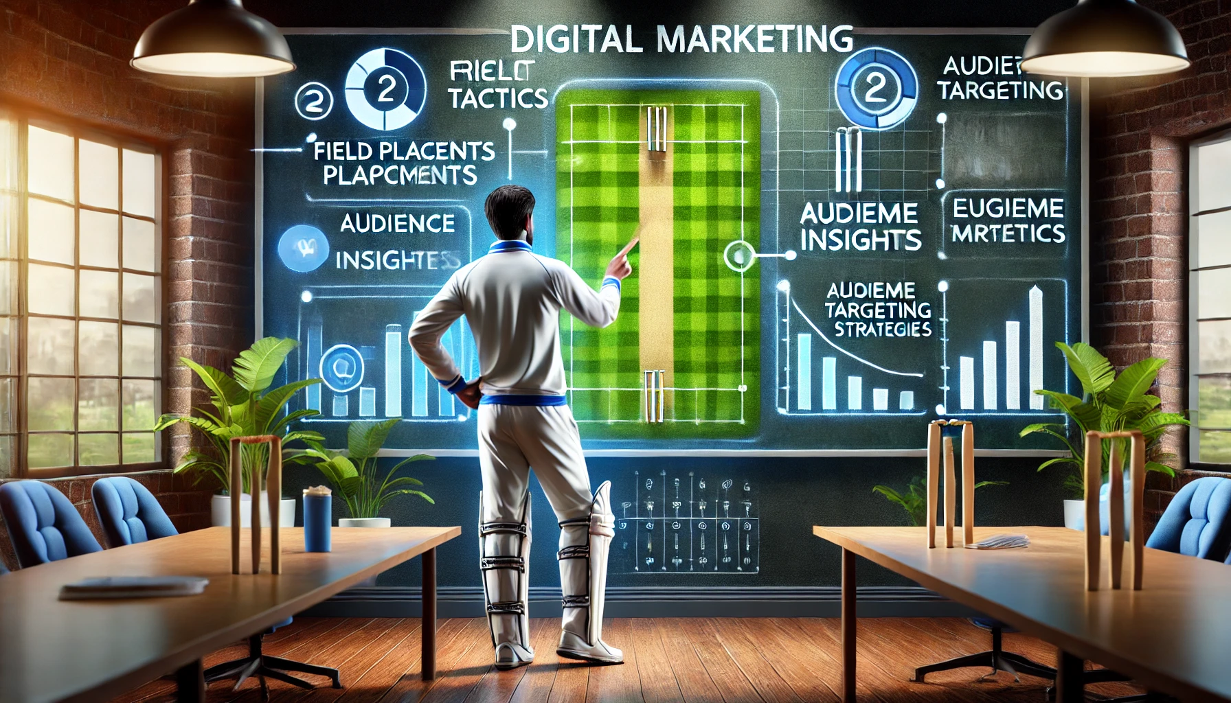 a cricket team captain pointing at a board displaying both cricket tactics and digital marketing plans.