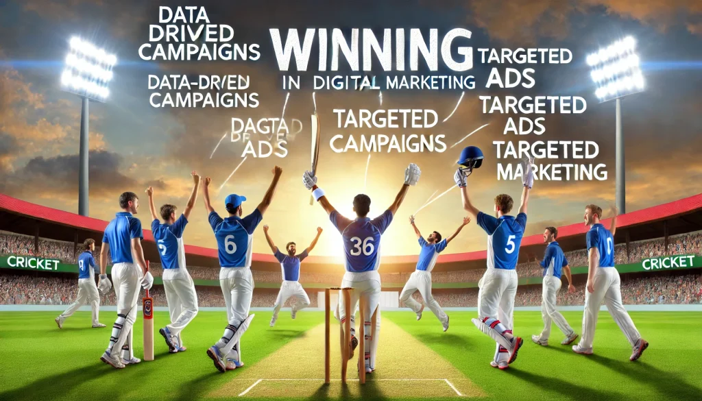 a cricket team celebrating, with marketing terms like "Data-Driven Campaigns" and "Targeted Ads" in the sky, symbolizing victory in both cricket and digital marketing.