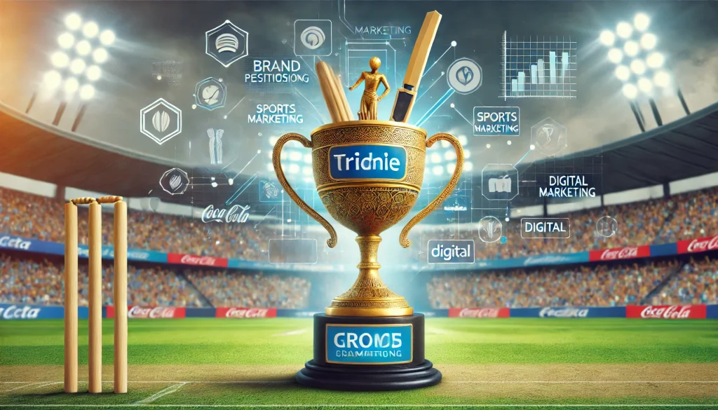 A cricket trophy with brand logos on it, symbolizing successful marketing through sports.