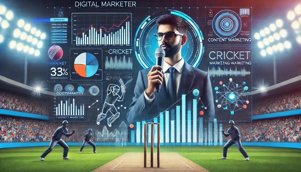 A digital marketer speaking into a mic with cricket analytics on a screen behind them.