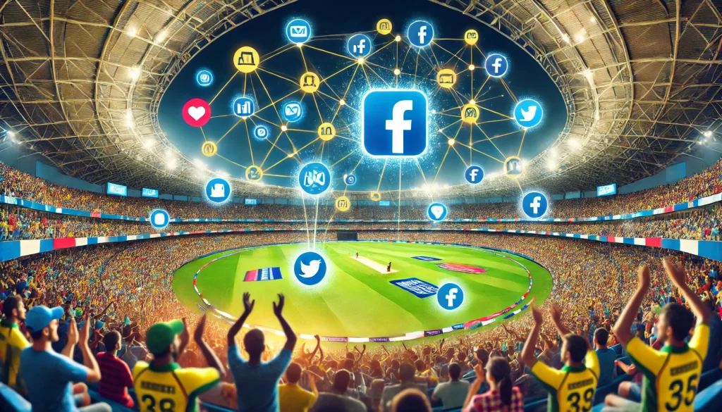 A stadium full of fans with social media icons floating above them, representing engagement.